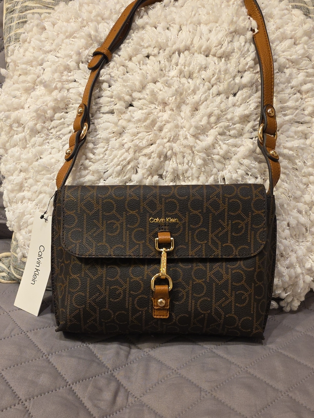 Calvin Klein Brown Monogram Crossbody with Tan Strap and Gold Hardware